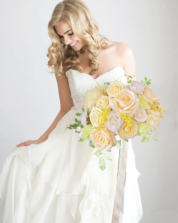 FACINOC Roses Artificial Flowers Yellow Bouquet Fake Flower Bulk Box Set | DIY - Image 6