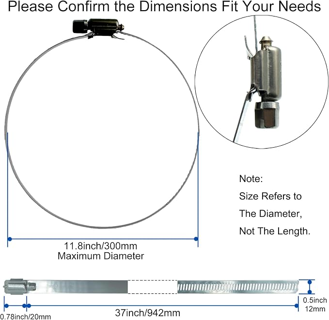 5Pcs 11.8-Inch/300mm Large Hose Clamps Stainless Steel | Adjustable Worm Gear - Image 2