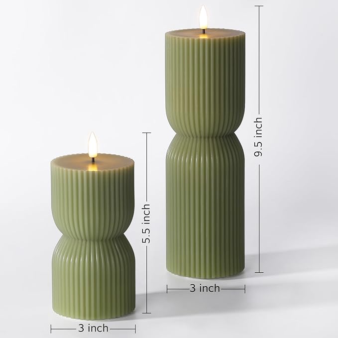 Olive Green Ribbed Flameless Pillar Candles - Image 2