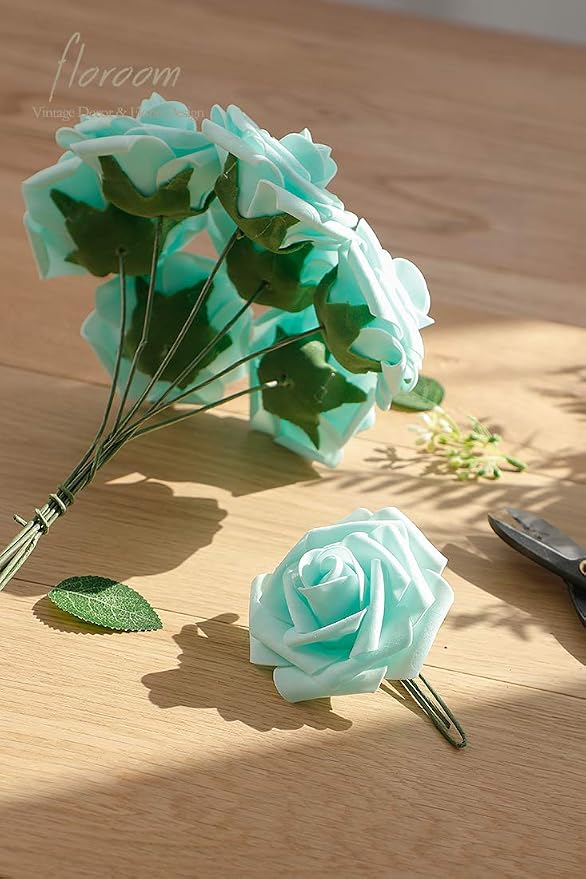 Artificial Flowers 25pcs Real Looking Robin's Egg Blue Foam Fake Roses - Image 2