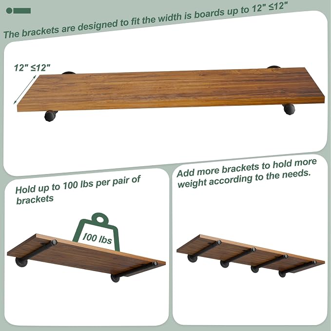 12 Pack Pipe Shelf Brackets Black 12 Inch Floating Shelving Bracket | Industrial - Image 7