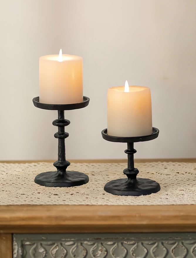NUPTIO Pillar Candle Holder Black: Solid Cast Iron Candle Stand | Hammered by Nuptio