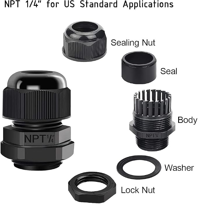 100 Pack NPT 1/4" Cable Glands Waterproof Adjustable 4-8mm Cable Connectors - Image 3