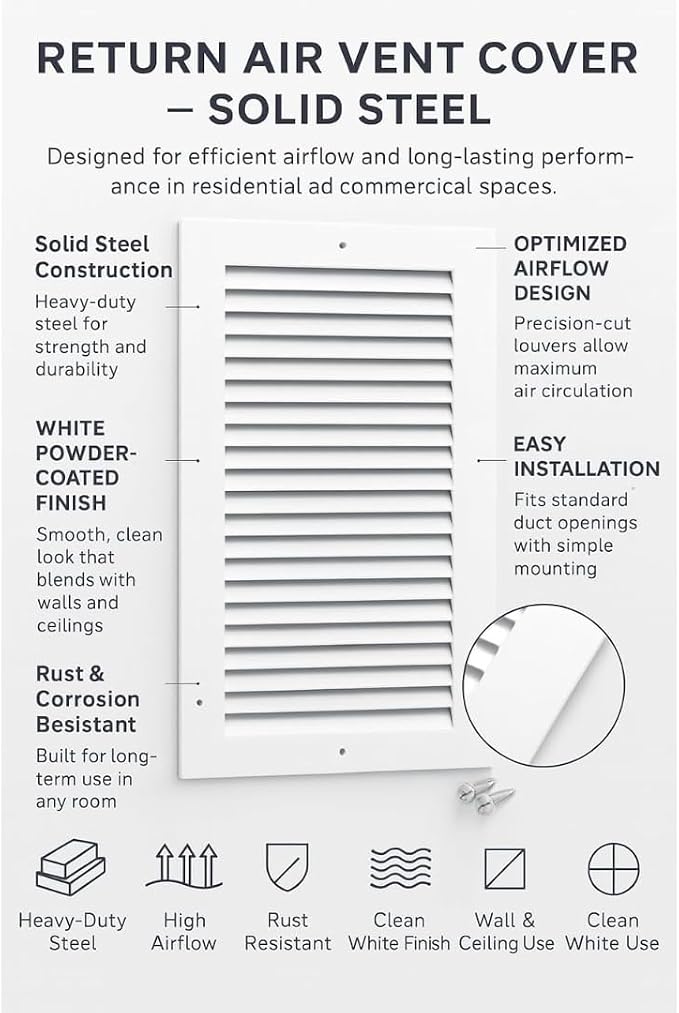 4x10 Air Return Vent Cover, Solid Steel White, 8 Pack - Image 3