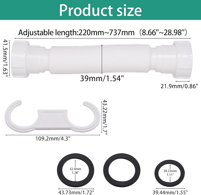 Sink Drain Pipe Kit, Flexible 1-1/2 Inch P Trap Kitchen Sink Plumbing Kit - Image 2
