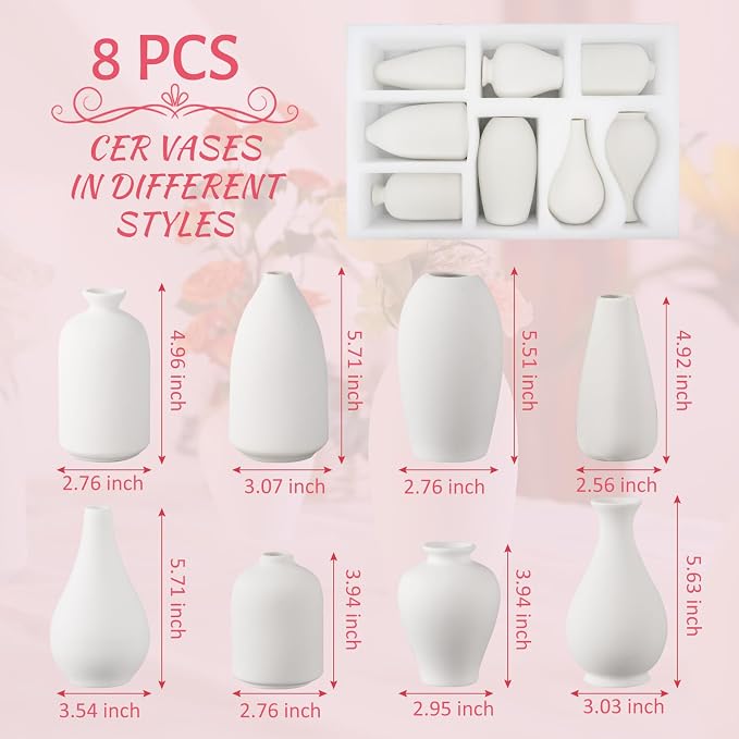 8 Pack Ceramic Bud Vase, Small White Vase - Image 2