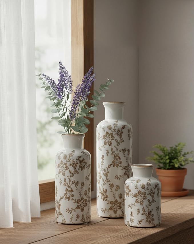 Brown Ceramic Vase Set of 3, Vintage Brown Floral Vases - Image 4