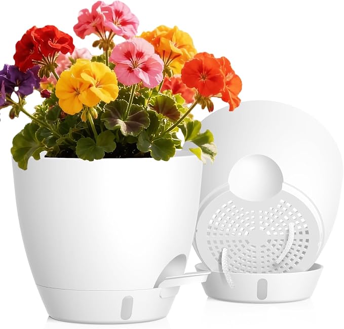 Self Watering Pots with Drainage Holes, 2 Pack 8 Inch Plant Pots with Water by KUGAZ