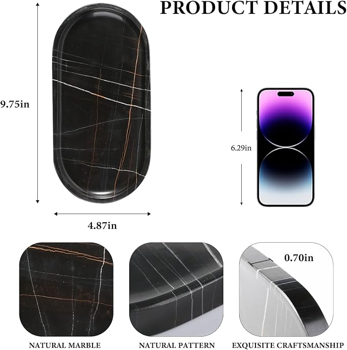 Black Marble Vanity Tray for Bathroom Countertop, Stone Jewelry Dish Candle - Image 2