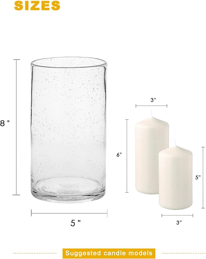 Hurricane Candle Holder Glass Cylinder Vase Clear Seeded 8" H | Pillar Candle - Image 6
