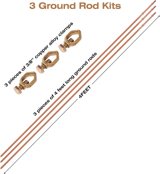 3 Pack Grounding Rod with Clamp 4 Feet Long Copper Electrical Ground Rod - Image 3