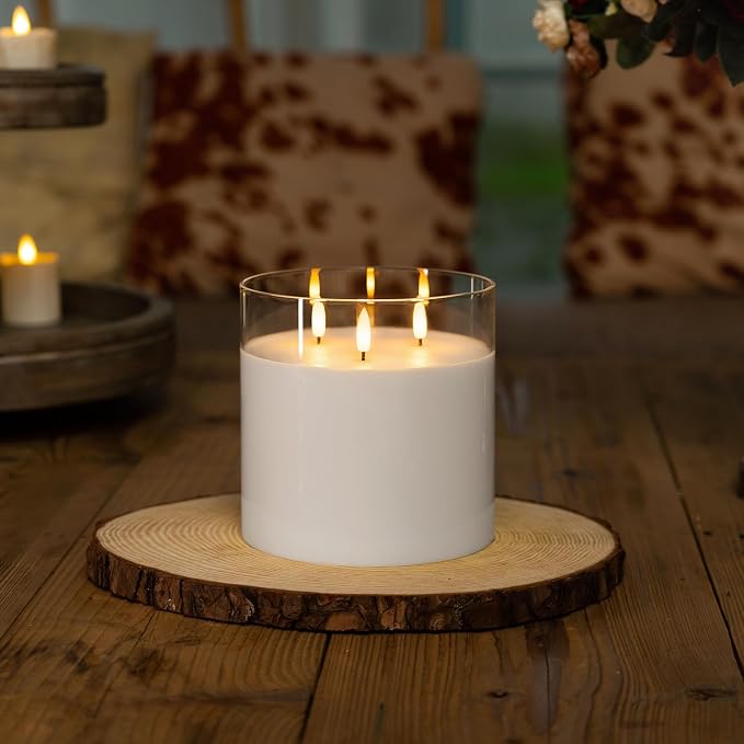 Homemory Pure White Large Glass Flameless LED Candle, 3 Wicks, Remote Timer | - Image 2
