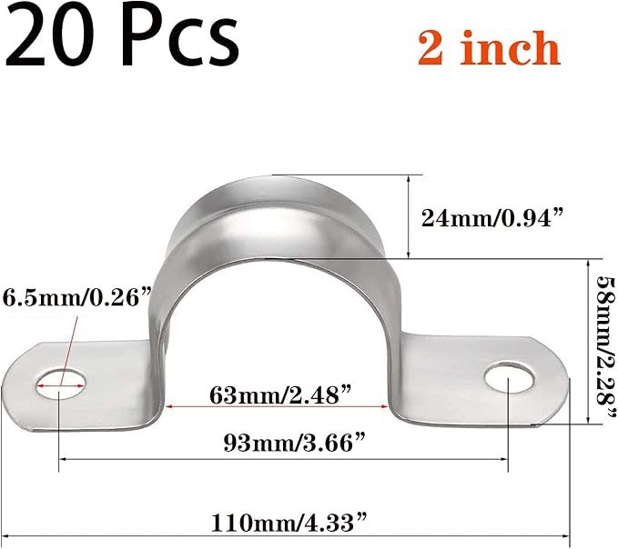 20 Pcs 2inch Rigid Pipe Strap, Two Hole Stainless Steel Strap U Bracket - Image 2