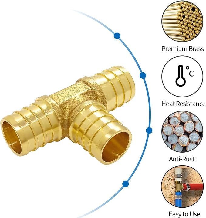 Hooshing 6PCS 3/4" Pex Tee Fittings, Brass Barb Crimp Fitting - Image 2