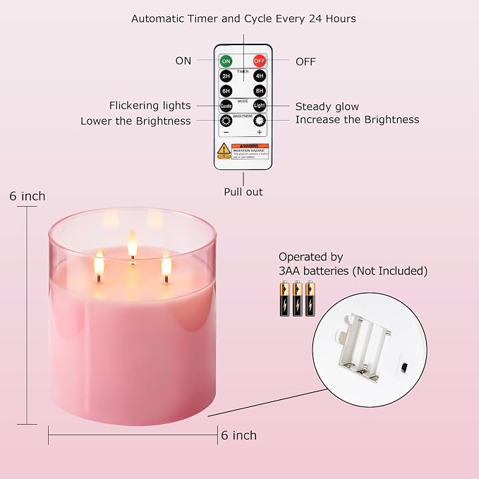 Homemory Pink Large Glass Flameless LED Candle, 3 Wicks, Remote Timer | 6"x6" - Image 7