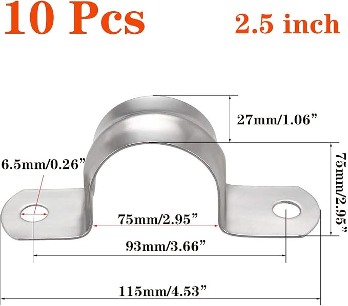 10 Pcs 2.5inch Rigid Pipe Strap, Two Hole Stainless Steel Strap U Bracket - Image 2