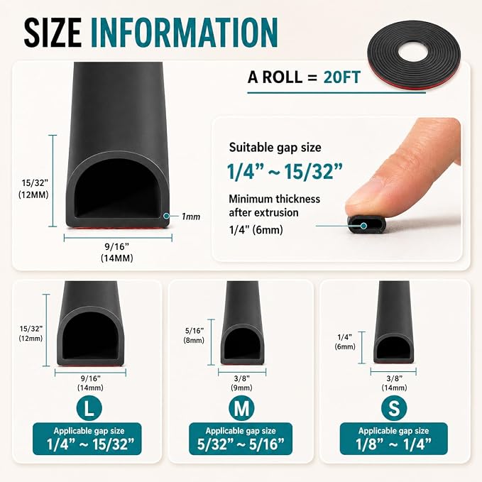 20FT Weather Stripping Door Seal, Self-Adhesive Silicone D-Shaped Seal Strip - Image 5