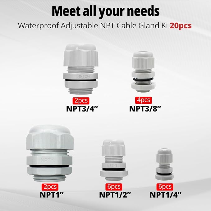 20-Pack NPT Cable Gland Kit, IP68 Waterproof Nylon PA66 Strain Relief Cord Grips - Image 3