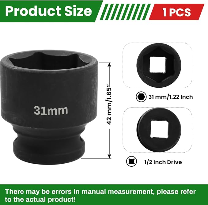 1/2" Drive 31mm Deep Impact Socket, 6 Point Chrome Molybdenum Steel Heavy Duty - Image 2