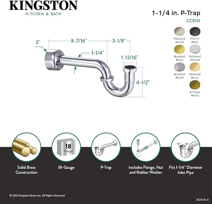 Kingston CC8147 Circlet 1-1/4" Brass P-Trap, 18 Gauge, Brushed Brass - Image 3