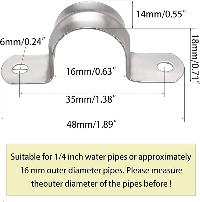 1/4inch Rigid Support Pipe Strap, 2 Hole U-Tube Strap Clamp, Stainless Steel - Image 2