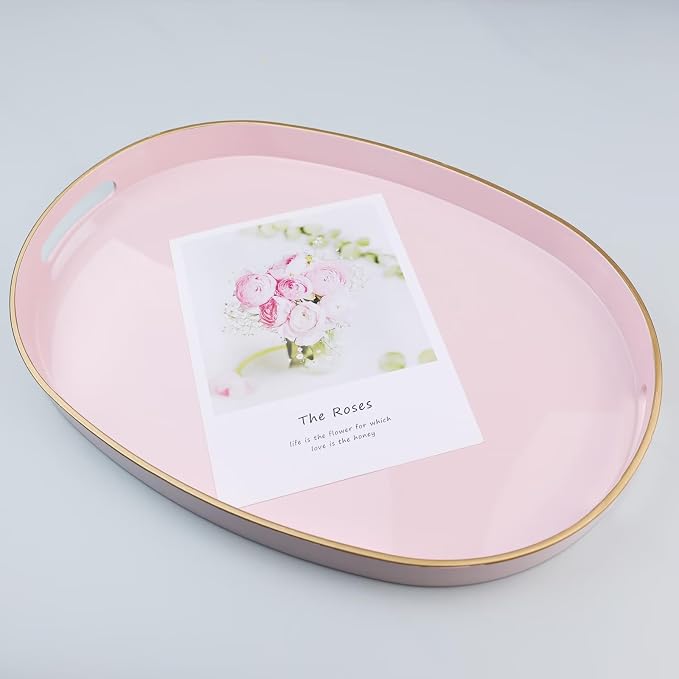 Pink Oval Decorative Tray with Handles, Versatile Serving Tray - Image 5