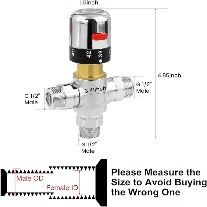 Brass Thermostatic Mixing Valve | G1/2" Male Connections, Water Temperature - Image 2