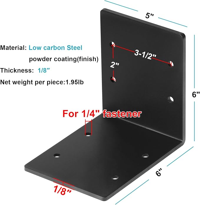 4 PCS 6"x6"x5" Black Heavy Duty L Angle Bracket, Corner Brace - Image 2