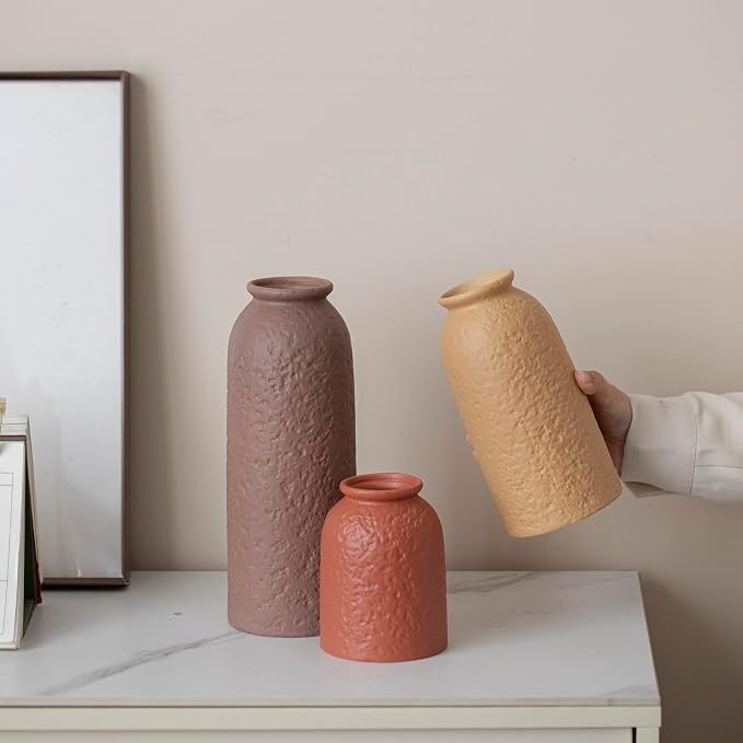 Large Decorative Ceramic Vase Set, 3 Pieces, Matte Taupe Orange Coral Beige - Image 6