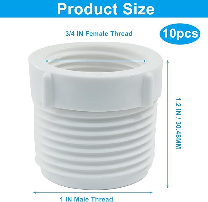 10Pack 1 Inch Male Thread PVC Pipe Fitting, 3/4 Inch Female Threaded | Reducer - Image 2