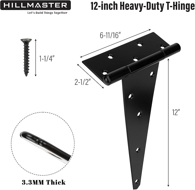 HILLMASTER 12 Inch T-Strap Heavy Duty Shed Door Hinges Gate Strap Hinges Black - Image 2