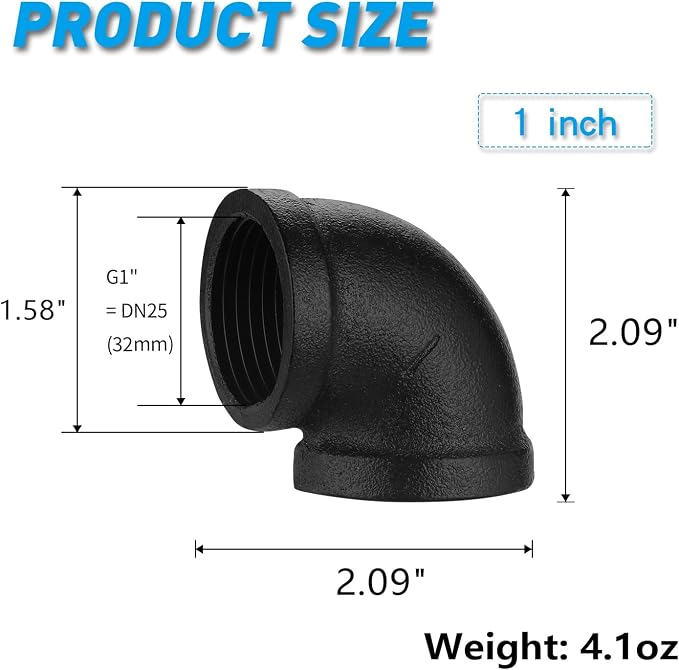 1" Black Pipe Elbow, 10 Pack DN25 Threaded Cast Malleable Iron Pipe Fitting - Image 2