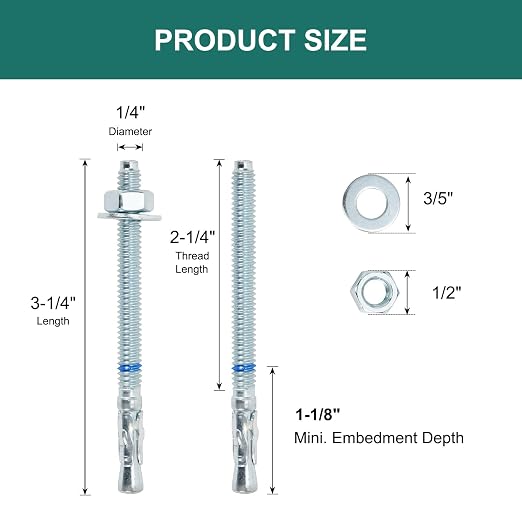 1/4" x 3-1/4" Concrete Anchors 1/4 inch Wedge Anchors Bolts Zinc Plated - Image 2