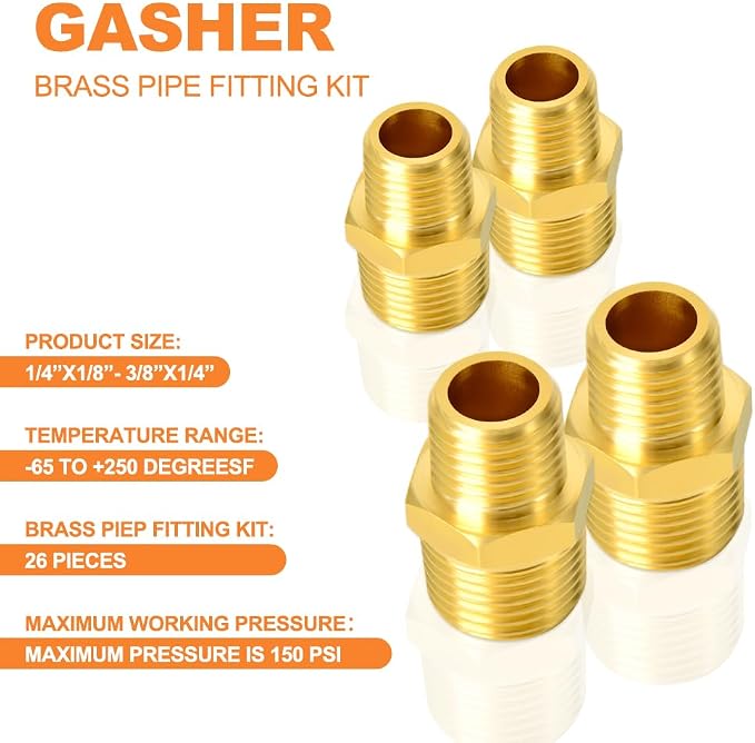 GASHER 26PCS Brass Pipe Fitting Kit, Hex Bushing, Hex Nipple, 90 Degree - Image 5