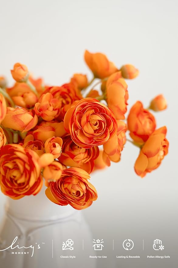Ling's moment Fake Flowers Artificial Flower Faux Silk Ranunculus Orange | Silk - Image 3
