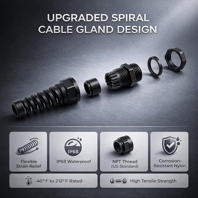3/4" NPT Flexible Cable Gland, Spiral Pigtail Cord Grip Strain Relief - Image 4