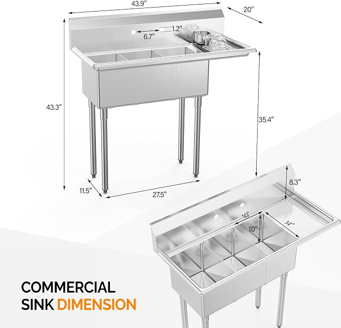 ROVSUN Commercial Sink, Stainless Steel - Image 3