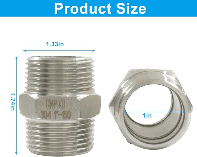 1" Male x 1" Male NPT Hex Nipple Pipe Fittings, Threaded Adapter, - Image 2