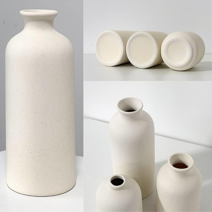 Small Beige Ceramic Vase Set of 3, Modern Boho Farmhouse Flowers Vases | - Image 7