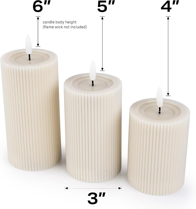 Fluted Ribbed LED Pillar Candles, Cream Beige, - Image 4