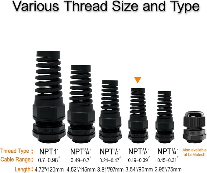 10Pcs NPT 3/8" IP68 Waterproof Cable Gland Flex Spiral Strain Relief Black - Image 6