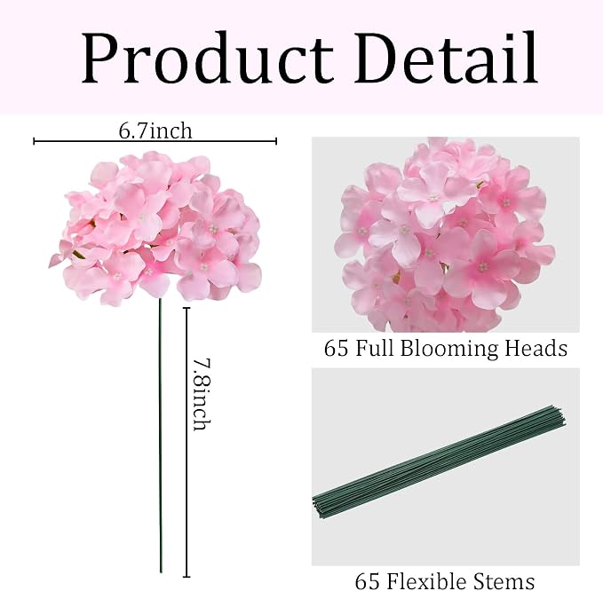 65Pcs Pink Hydrangea Artificial Flowers Bulk，Realistic Silk Fake Flowers - Image 3