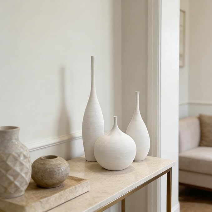 White Ceramic Vase Set of 3, Modern Boho Vases - Image 5