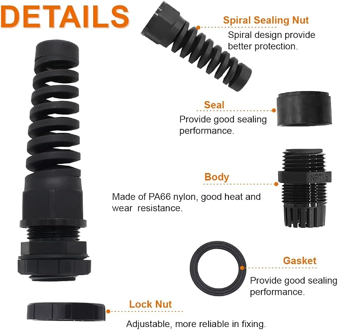 4Pcs NPT 1/2" Black Cable Gland | IP68 Waterproof, Nylon Joint, Adjustable - Image 4