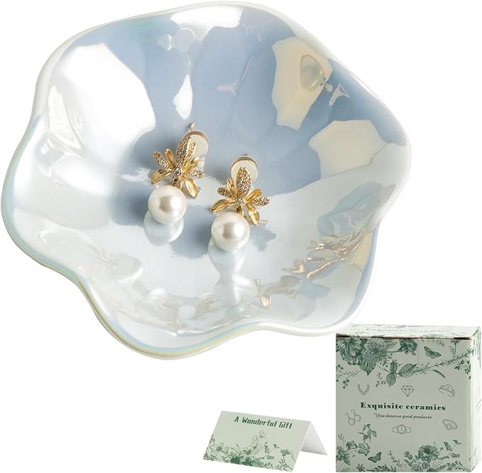 Iridescent Blue Jewelry Dish Tray, Pearlescent Glaze Ring Dish, Ceramic Trinket by BEUNAIZER