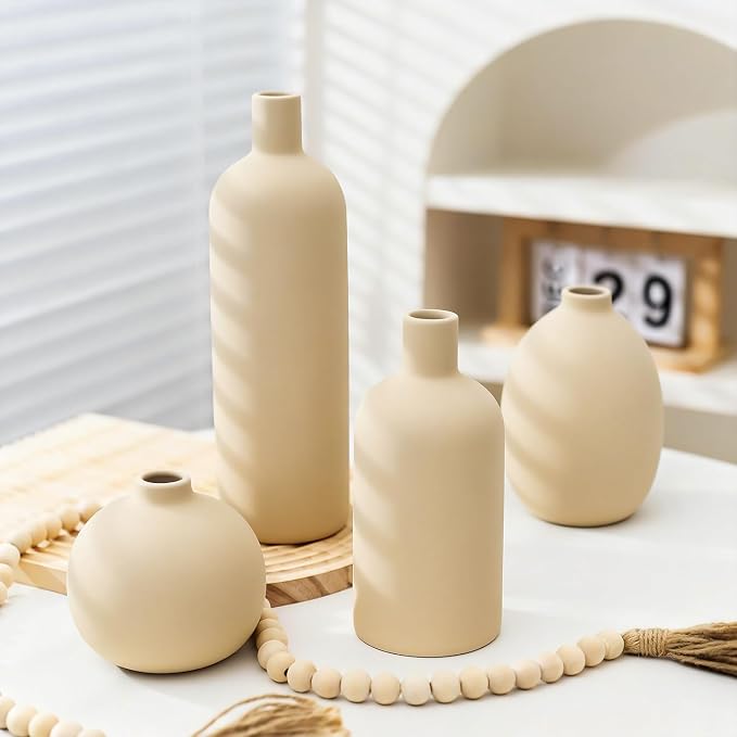 Beige Ceramic Vase Set of 4, Modern Neutral Colors Home Decor, Rustic Farmhouse - Image 4