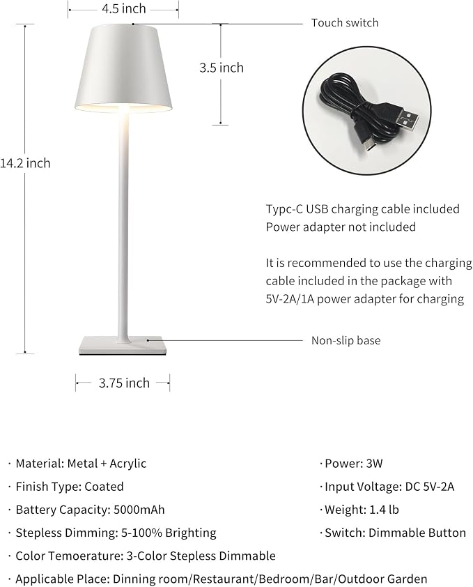 KDG 2 Pack Cordless White Table Lamps, Rechargeable Portable LED Desk Lamps | - Image 5