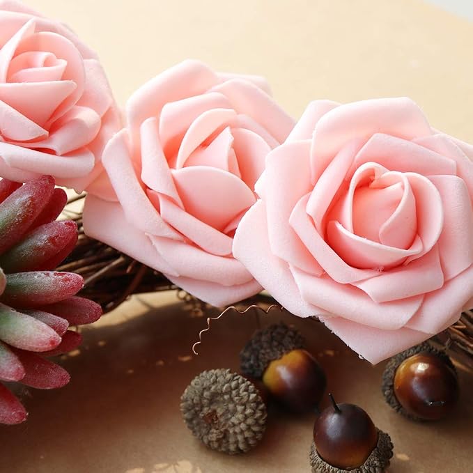 AmyHomie Pink Rose 50pcs Real Looking Artificial Flowers w/Stem | Bouquet - Image 5