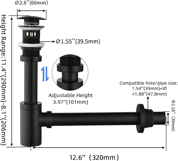 Bathroom Sink Stopper P-Trap Complete Set Adjustable Bottle Trap Solid Brass - Image 3