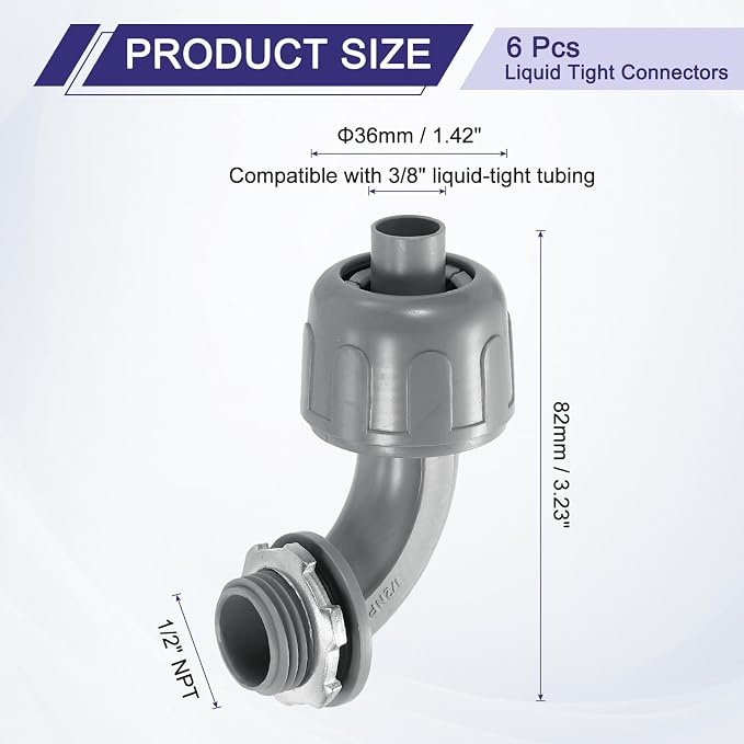 uxcell 6Pcs Nonmetallic Liquid Tight Connectors, 3/8" NPT Plastic Flexible 90 - Image 2